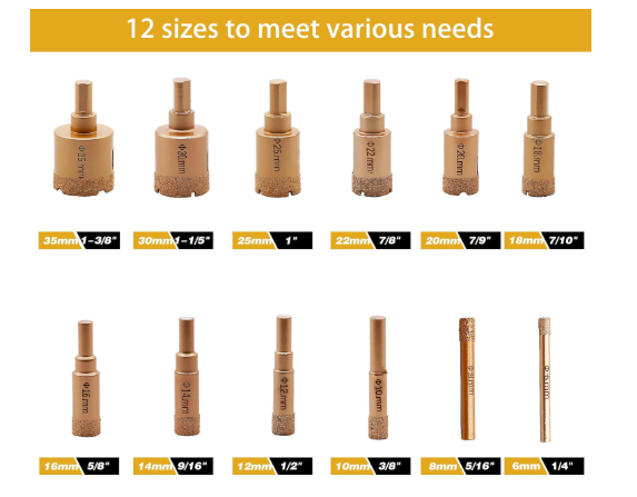 Diamond Core Drill Bits Set 12Pcs,Vacuum Brazed Diamond Hole Saw Kit (6-35mm) Dry or Wet for Porcelain Tile Ceramic Marble Brick Concrete