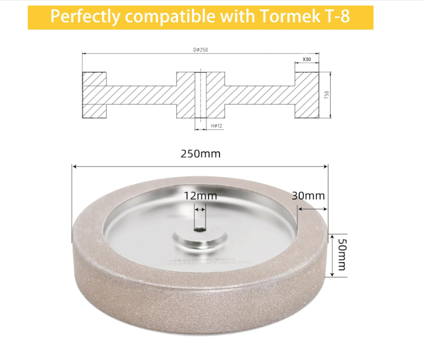 CBN Grinding Wheel 10 inch for Tormek T8,250 * 50 * 12mm,for Sharpening Woodturning Tools、High Speed Steel Tools(Right Corners,80 Grit)